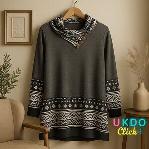 Leo Rosi Women’s Cowl Neck Top 2XL – Black & White Geometric Pattern Long Sleeve